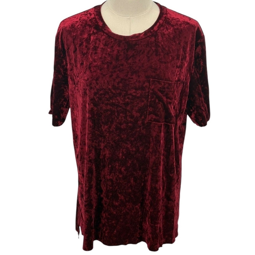 Falls Creek Velvet Pocket T Shirt Burgundy Red Crushed Texture Womens Size Large